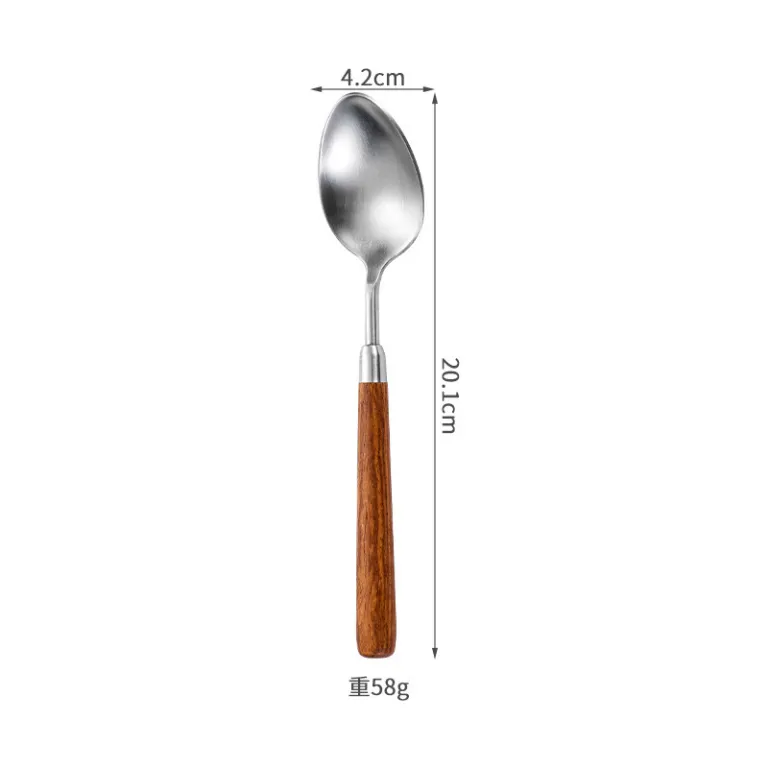 304 ست کارد و چنگال استیل ضدزنگ با دسته چوب گردو ضخیم، مخصوص مصارف خانگی و رستوران، طرح وینتیج با پرداخت برس‌خورده شامل چاقوی استیک، چنگال، قاشق و قاشق دسر