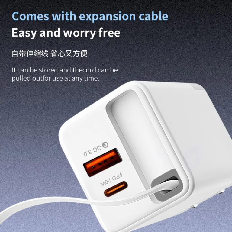 شارژر دیواری باکیفیت 65w دو پورت PD USB C با کابل جمع‌شونده و سر شارژ گالیوم نیترید