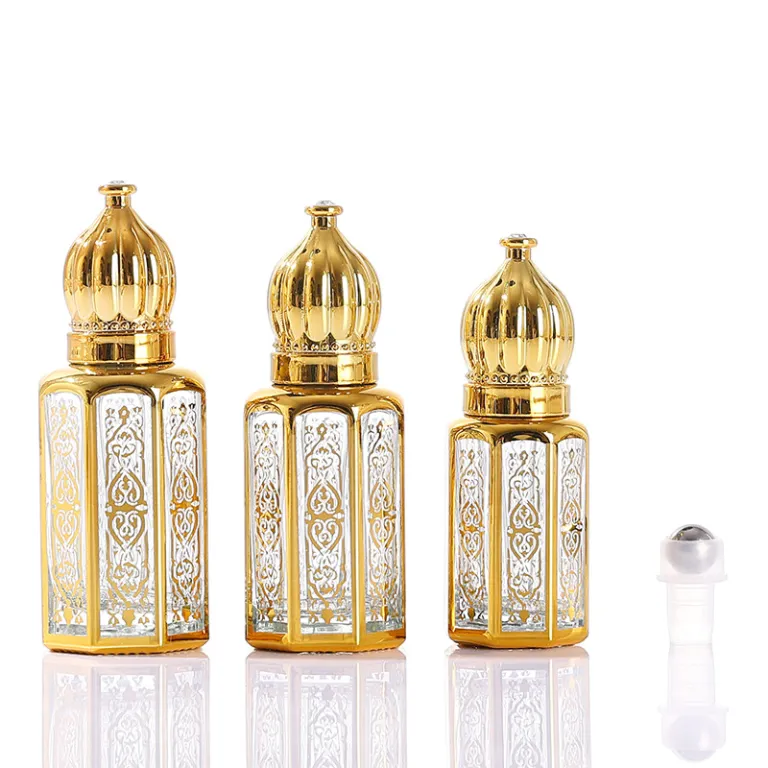 موجود در انبار، بطری رول‌آن روغن اسانس هشت‌ضلعی با مهر طلایی، بطری تقسیم عطر خاورمیانه‌ای، بطری شیشه‌ای نمونه کوچک، بطری رول‌آن ماساژ چشم