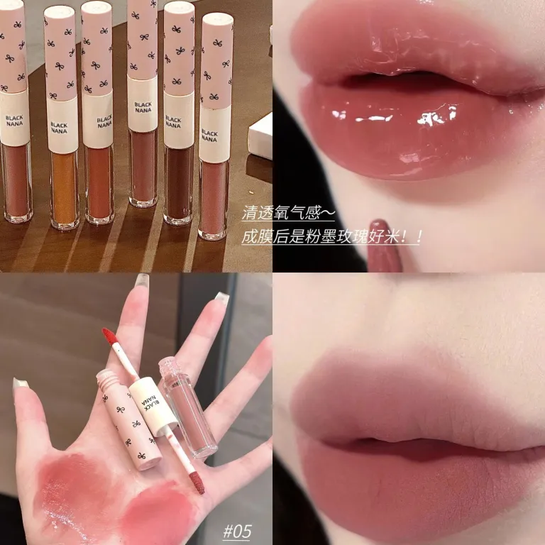 رژ لب دو سر BLACKNANA براق آینه‌ای مناسب استفاده روزانه با رنگ خاکستری-صورتی و بافت گلی و براق، مناسب آرایش ملایم و بدون آرایش