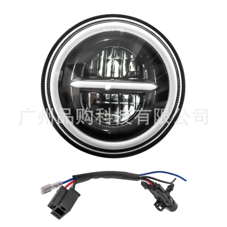 چراغ جلو LED گرد بدون قاب 7 اینچی همراه سیم‌کشی، در رنگ مشکی و نقره‌ای، مناسب هارلی و رانگلر