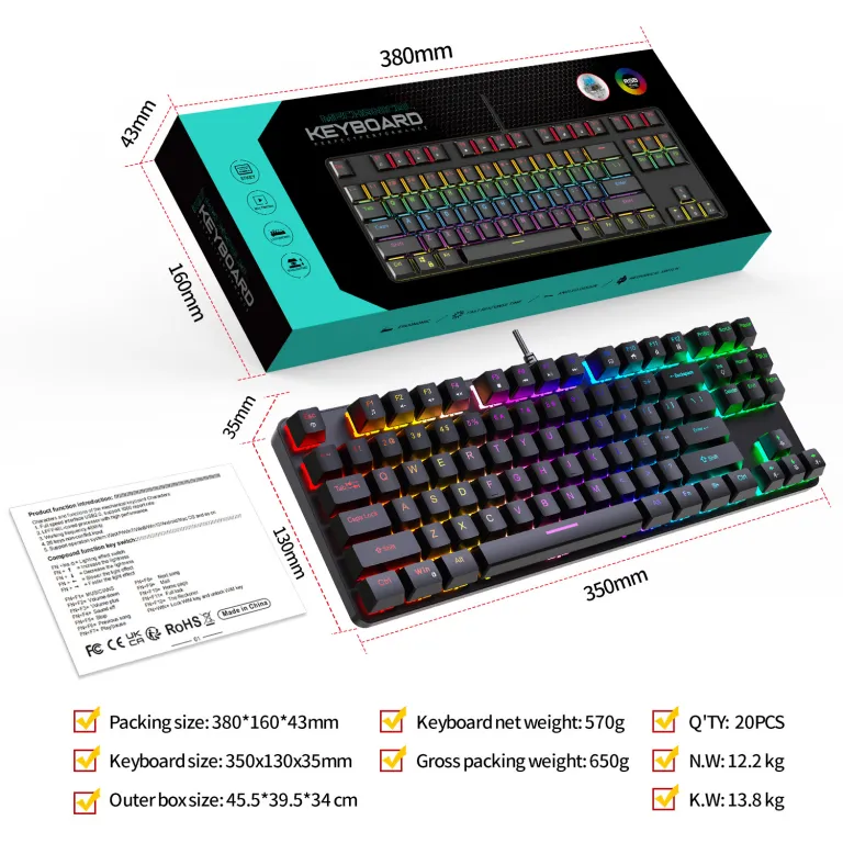 کیبورد مکانیکی فلزی K87 با 87 کلید، نور RGB، سوییچ آبی، مناسب بازی و اداری
