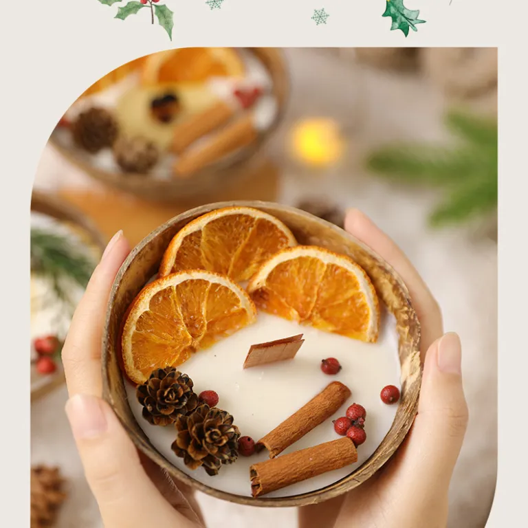 شمع معطر در ظرف نارگیلی با گل خشک، مناسب منزل، ایجاد حس و حال، تزئینی مهمانی