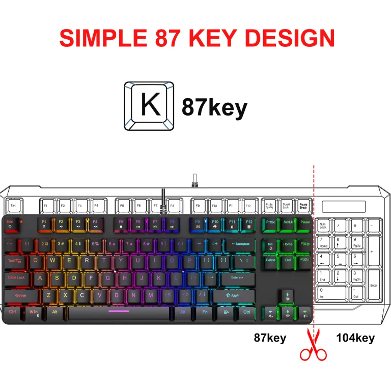 کیبورد مکانیکی فلزی K87 با 87 کلید، نور RGB، سوییچ آبی، مناسب بازی و اداری