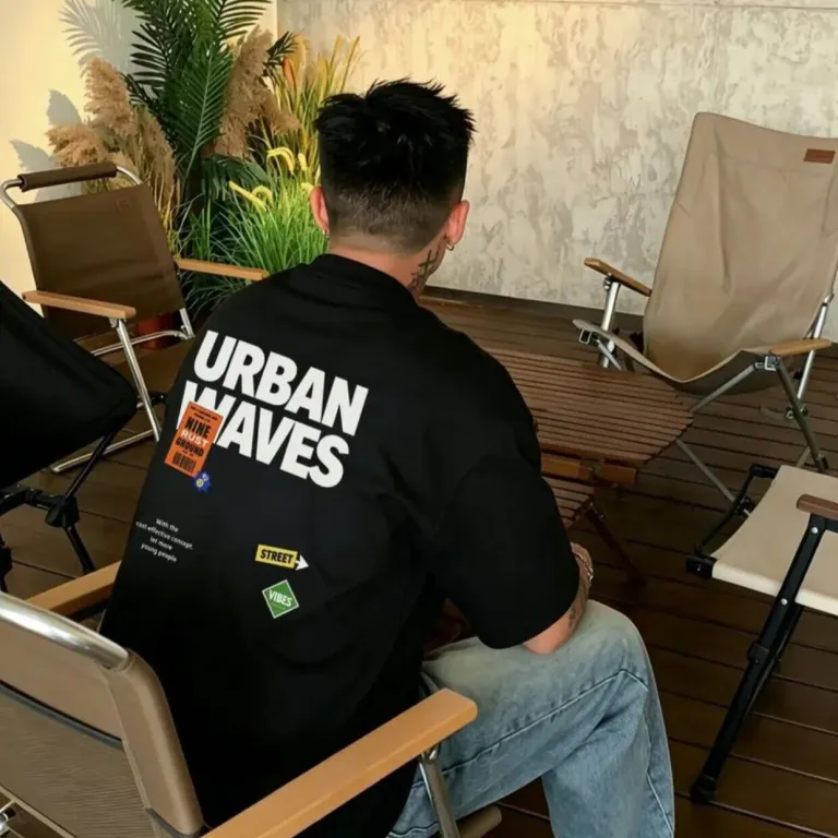 تی‌شرت مردانه تابستانی مشکی یقه‌گرد نخی برند خیابانی چاپ حروف گشاد سایز بزرگ 300 کیلوگرم