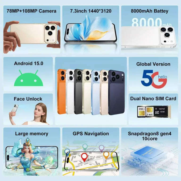 گوشی موبایل تمام‌صفحه پرفروش i17PROMAX با حافظه بزرگ 16G+1TB، دوربین سه‌گانه باکیفیت 8000mAh و باتری بادوام