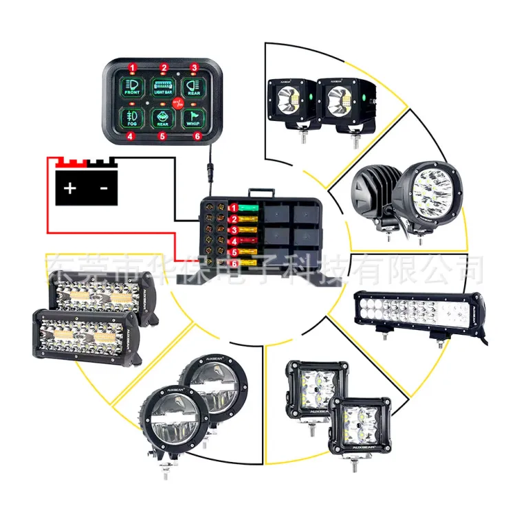 جعبه کنترل چراغهای LED اصلاحشده جیپ رانگلر، پنل کلید 6 کاناله با فیوز و رله
