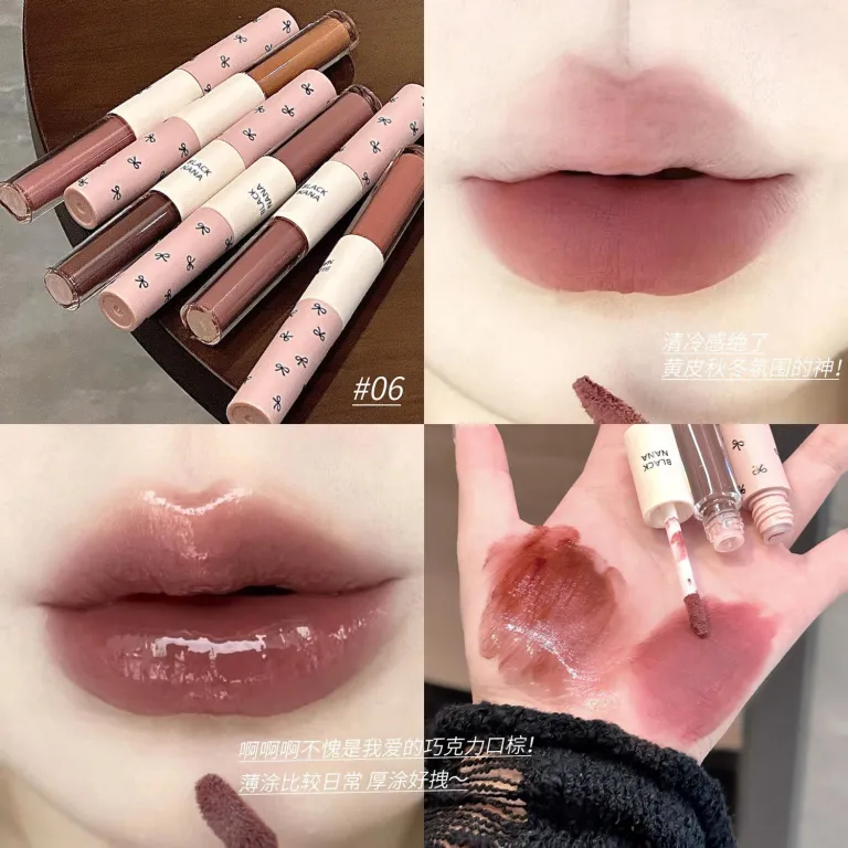 رژ لب دو سر BLACKNANA براق آینه‌ای مناسب استفاده روزانه با رنگ خاکستری-صورتی و بافت گلی و براق، مناسب آرایش ملایم و بدون آرایش