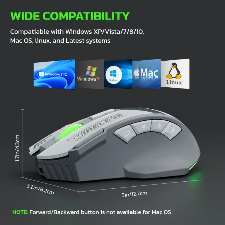 ماوس گیمینگ بی‌سیم بلوتوثی بی‌صدا با شارژ بی‌سیم 10 کلید و نور RGB 4800DPI