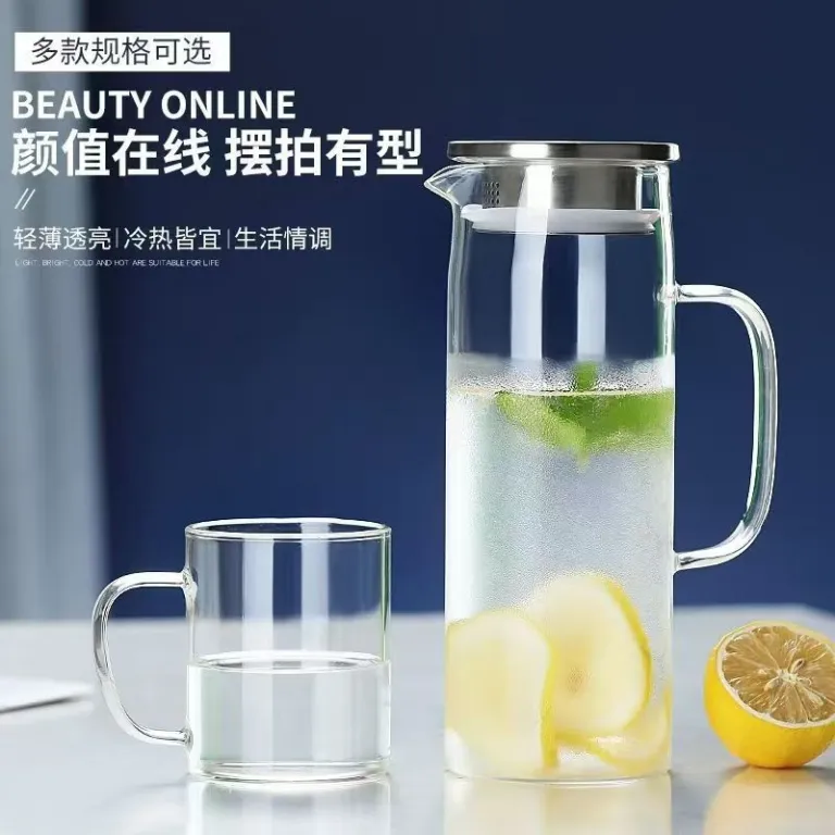 پارچ آب خنک پذیرایی خانگی با درب بامبو بدنه صاف شیشه بوروسیلیکات مخصوص چای گل، آبمیوه و نوشیدنی سرد مقاوم به حرارت
