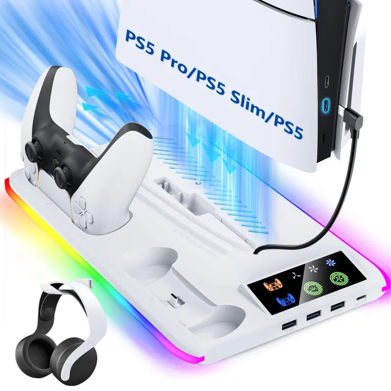 PS5/slim/Pro پایه خنک‌کننده چندمنظوره کنسول بازی با نور RGB PS5 شارژر دسته و آویز هدفون