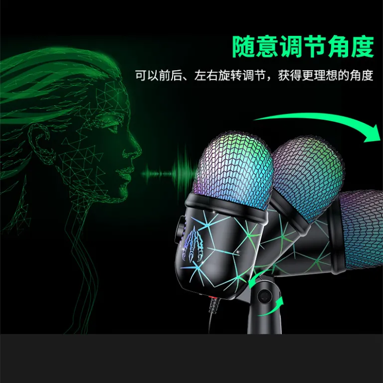 V5USB میکروفون خازنی برای ضبط کامپیوتر، پخش زنده موبایل، کارائوکه، حذف نویز، گیمینگ و ایاسپرت با نور RGB