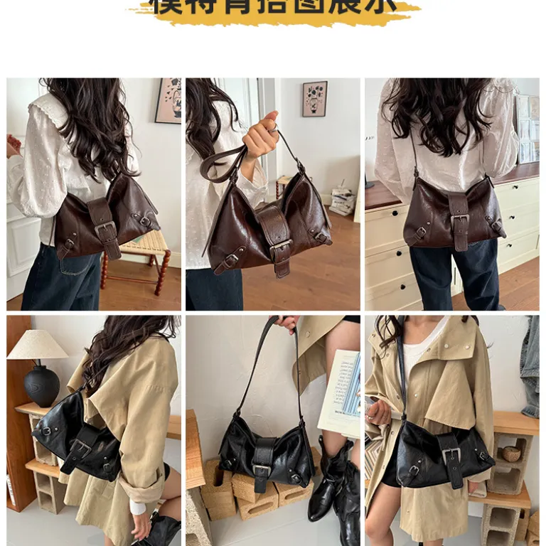 کیف دستی زنانه جدید چروکدار ساده چرم نرم پاییزی زیر بغل کوچک شیک و جذاب موتوری دوشی و دستی