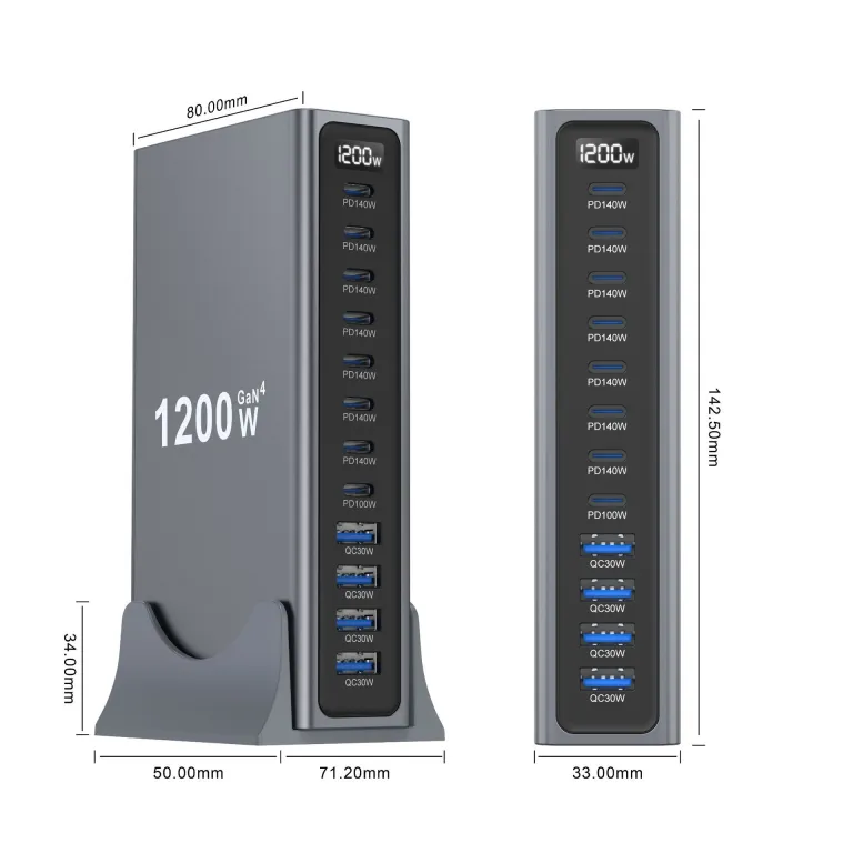 شارژر رومیزی 1200W مدل جدید بین‌المللی 1300W شارژر PD نیترید گالیوم 12 پورت رومیزی