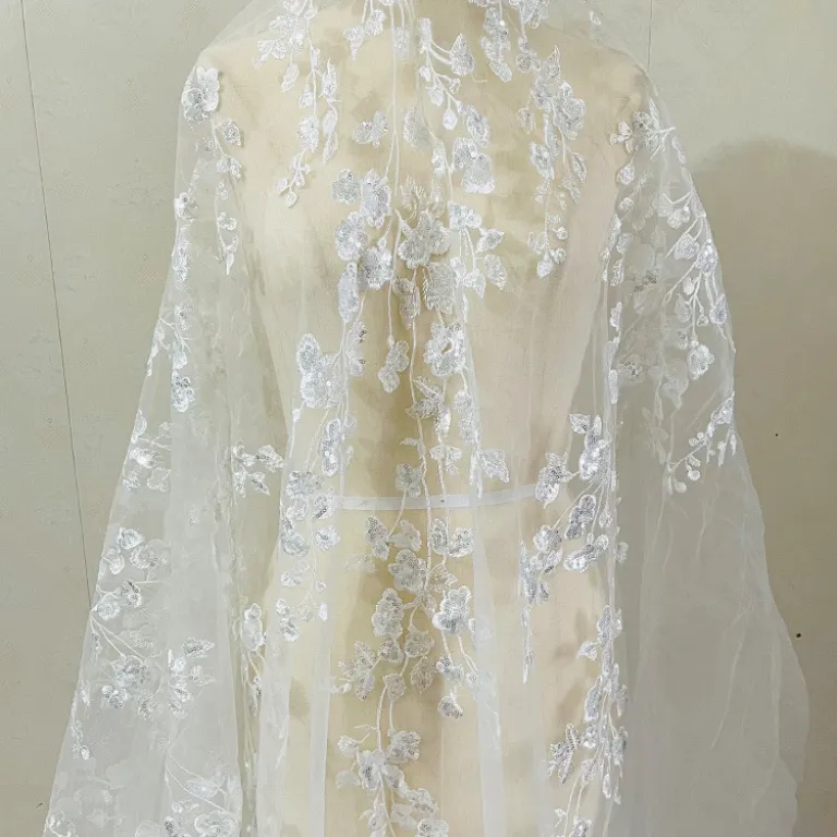 پارچه توری مهره‌دوزی‌شده، توری سفید کره‌ای، حاشیه تازه و دوست‌داشتنی، گلدوزی با پولک‌های زیبا