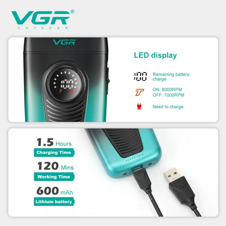 VGR396 ریش‌تراش برقی رفت و برگشتی جدید برون‌مرزی مردانه خانگی سفیدکننده با نمایشگر دیجیتال مخصوص سفر