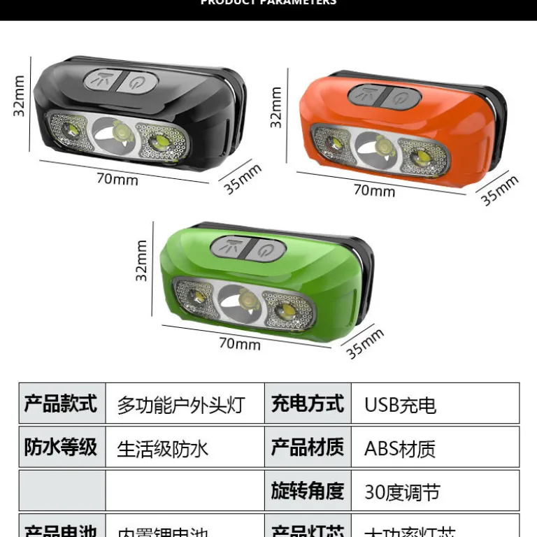 چراغ پیشانی سنسوردار با شارژ USB، چراغ LED دفاع شخصی، چراغ پیشانی قوی برای ماهیگیری شبانه، چراغ پیشانی کوچک هوشمند فضای باز