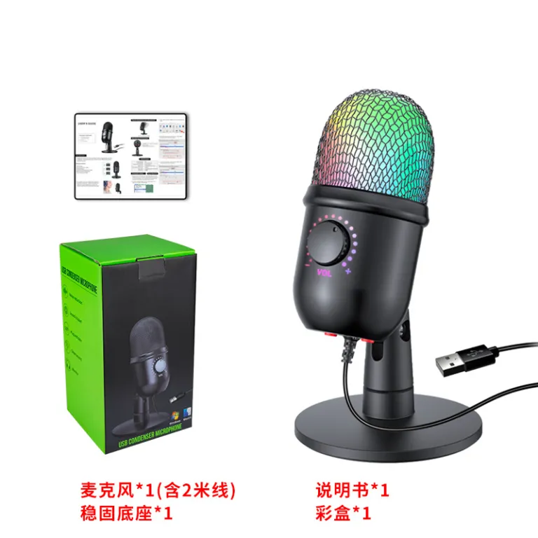V5USB میکروفون خازنی برای ضبط کامپیوتر، پخش زنده موبایل، کارائوکه، حذف نویز، گیمینگ و ایاسپرت با نور RGB