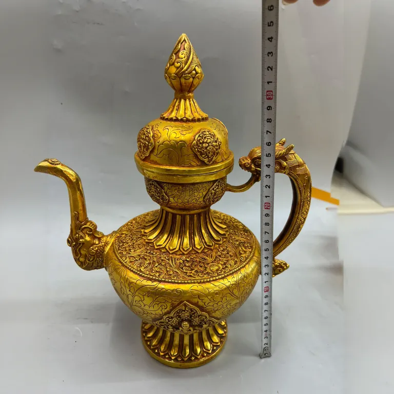 34cm قوری دسته‌اژدهایی تبتی با روکش مس خالص و آبکاری طلا، سبک آنتیک، مجسمه تزئینی مسی، اشیاء قدیمی بازار صنایع دستی