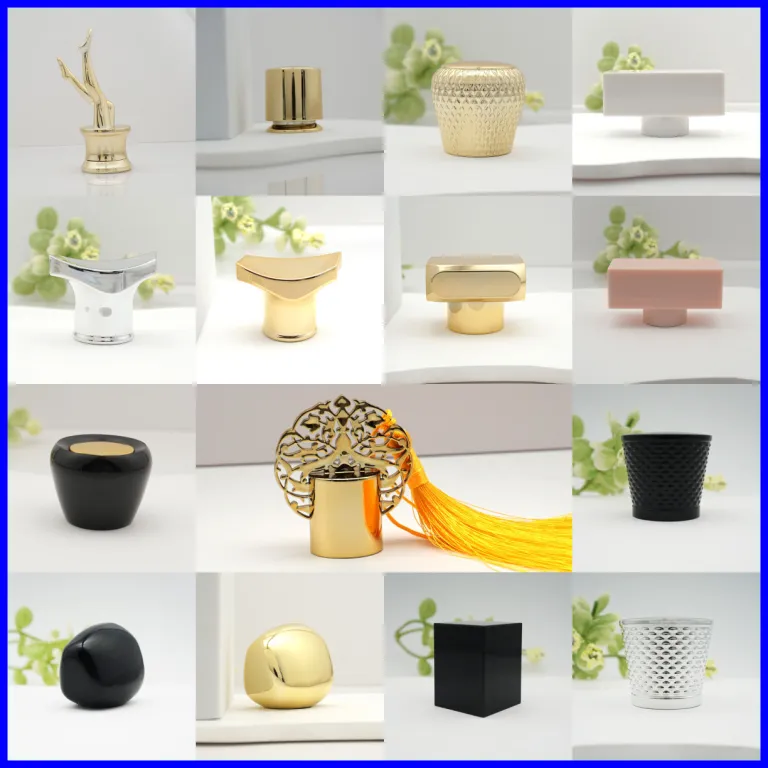 نمونه عکاسی با کیفیت بالا درب عطر پلاستیکی ABS سنگین‌شده طلایی و نقره‌ای پرفروش در دبی، اروپا و آمریکا