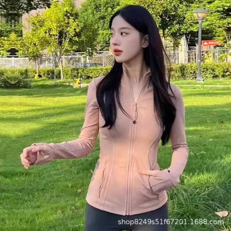 ژاکت زنانه lulu با لیبل اصلی DF، یقه ایستاده، زیپ طلایی، مناسب یوگا، بدنسازی، آستین‌بلند و دویدن