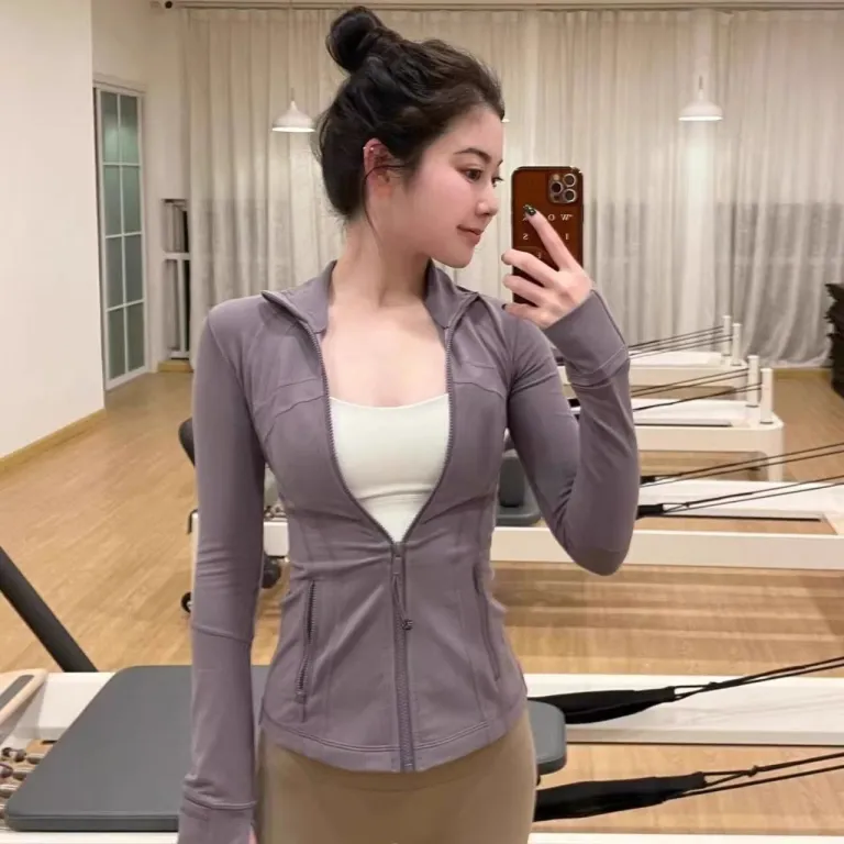 ژاکت زنانه lulu با لیبل اصلی DF، یقه ایستاده، زیپ طلایی، مناسب یوگا، بدنسازی، آستین‌بلند و دویدن