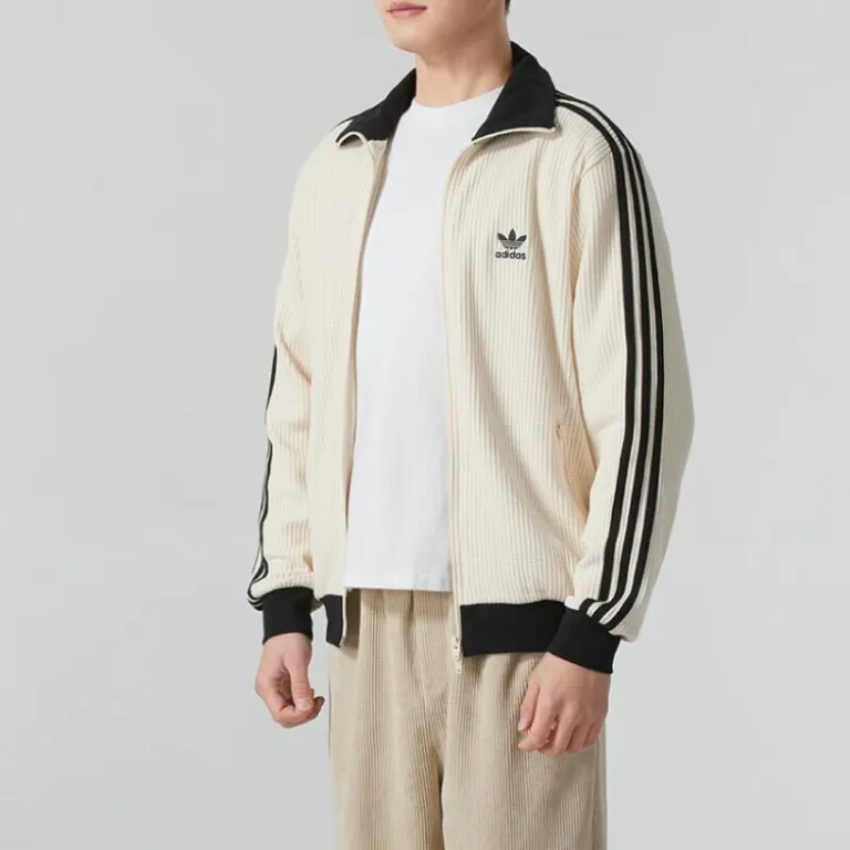 کاپشن یقه‌ایستاده adidas Originals طرح راه‌راه و بافت وافل، مناسب زنانه و مردانه، استایل اسپرت و شیک