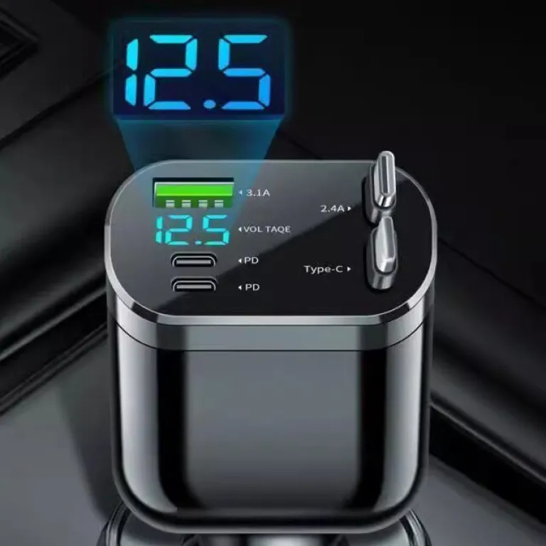 شارژر فندکی خودرو با سیم جمع‌شونده شارژ سریع 2025 مدل جدید دو خروجی فندکی 120w مناسب هواوی و شیائومی