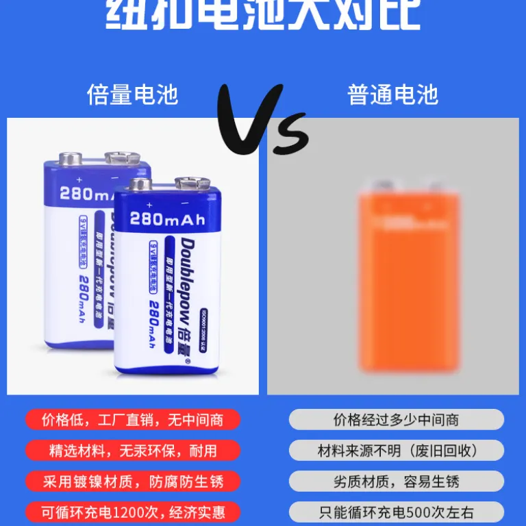باتری نیکل-متال هیدرید کم‌خودتخلیه 9V280mAh با گارانتی 1 ساله برای مولتی‌متر و اسباب‌بازی، عمده با ظرفیت بالا