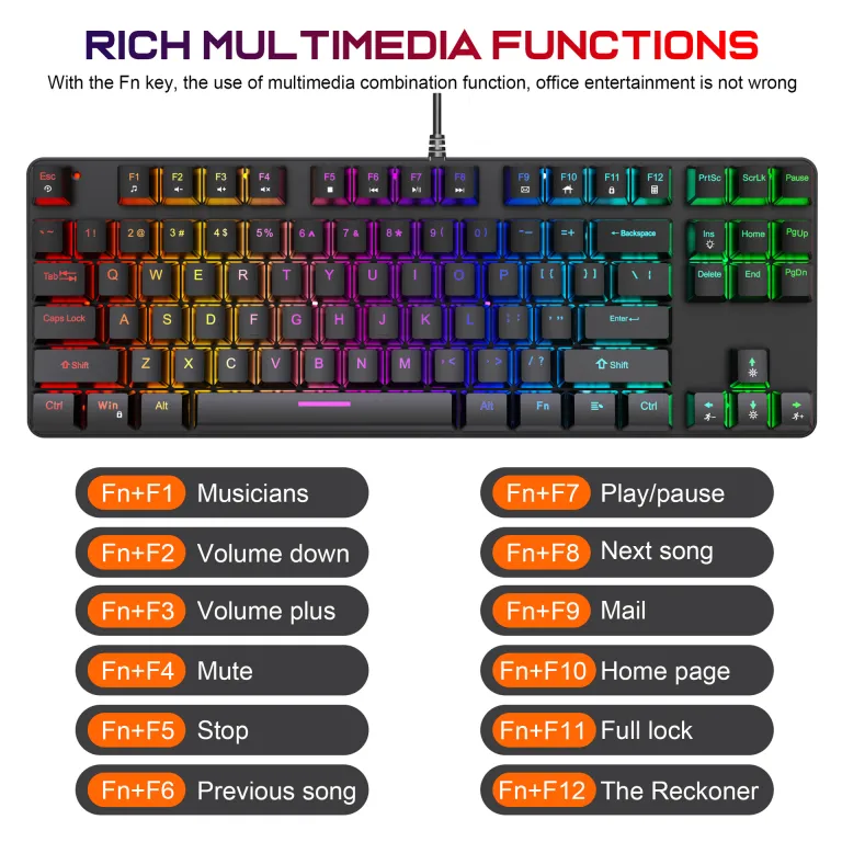 کیبورد مکانیکی فلزی K87 با 87 کلید، نور RGB، سوییچ آبی، مناسب بازی و اداری