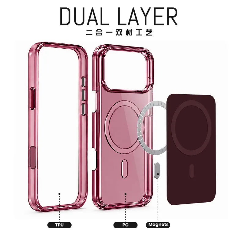 کیف رسمی دوکاره مخصوص اپل 18 طرح جدید قرمز گیلاسی iPhone17PM کیف مگنتی