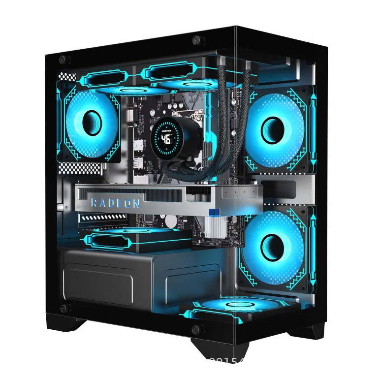 کیس کامپیوتر روباه نه‌دم T2 بدون ستون با نمای panoramic، شیشه جانبی، matx، 240 خنک‌کننده آبی، بدنه DIY