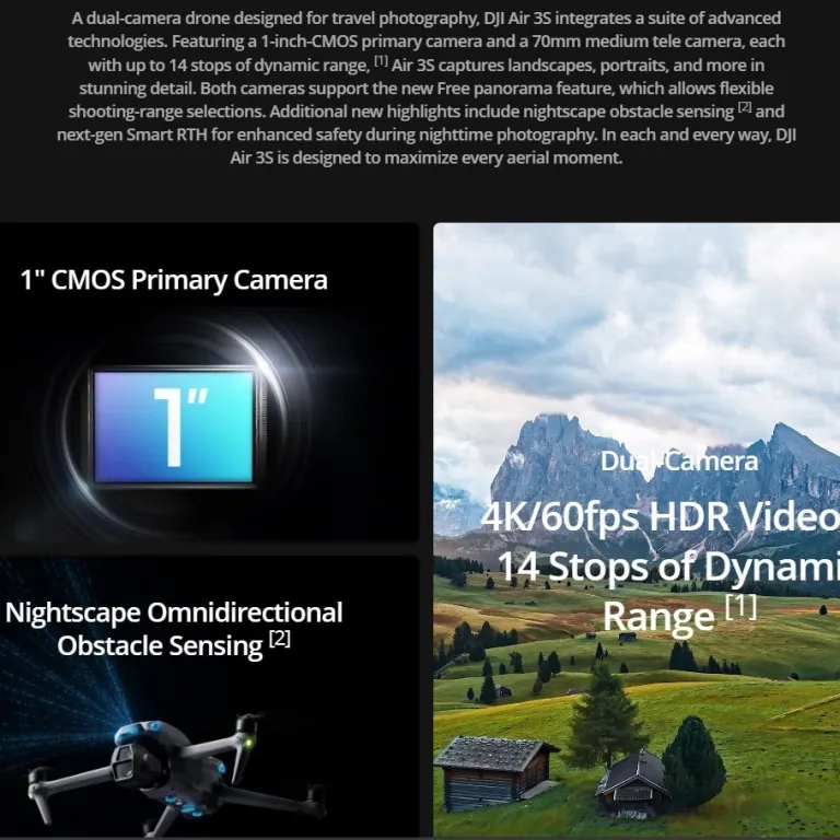 پهپاد دوربین دوگانه پرچمدار DJI DJIAir3S مناسب برای عکاسی هوایی حرفه‌ای با کیفیت بالا، مناسب سفر، با اجتناب فعال از موانع و قابلیت تعقیب