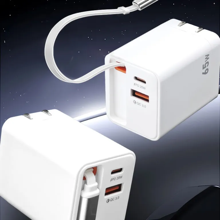 شارژر دیواری باکیفیت 65w دو پورت PD USB C با کابل جمع‌شونده و سر شارژ گالیوم نیترید