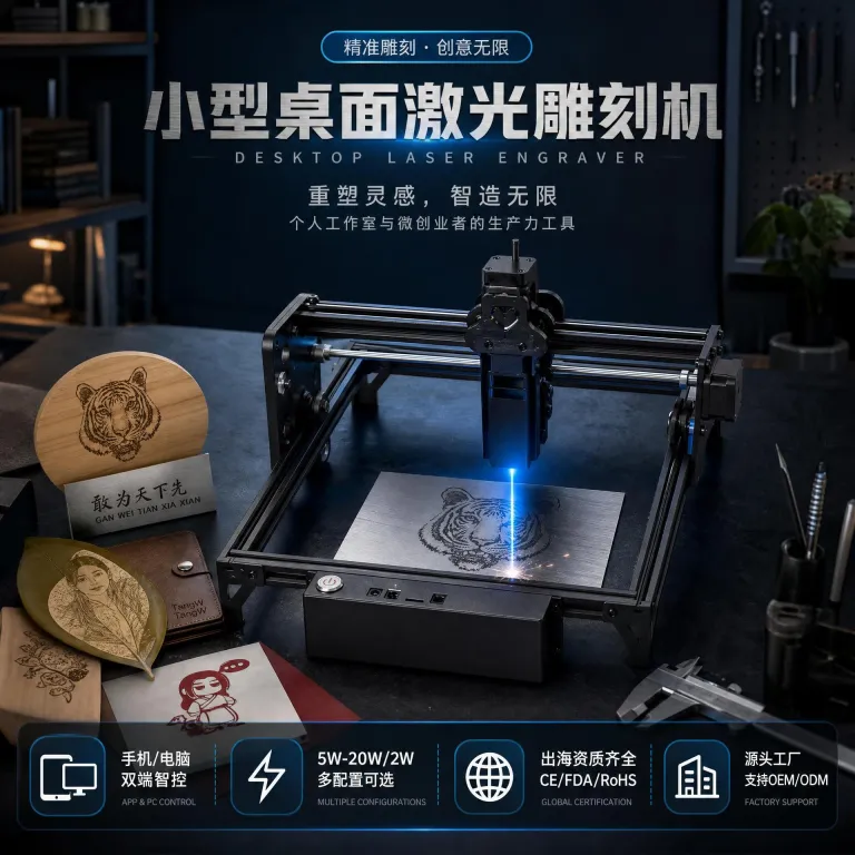 دستگاه لیزر مارکینگ رومیزی DIY حکاکی لیزری روی برگ، چوب، صنایع دستی و اکریلیک قابل کنترل با موبایل