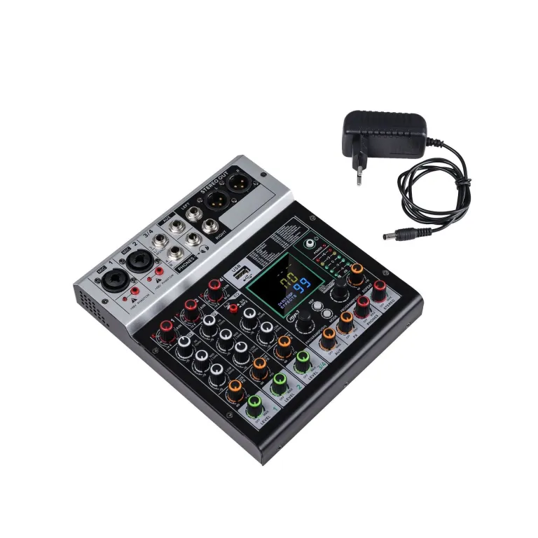 میکسر بلوتوثی کوچک حرفه‌ای 4 کاناله 6 کاناله با افکت ریورب، میکروفون کارائوکه، اجرای صحنه