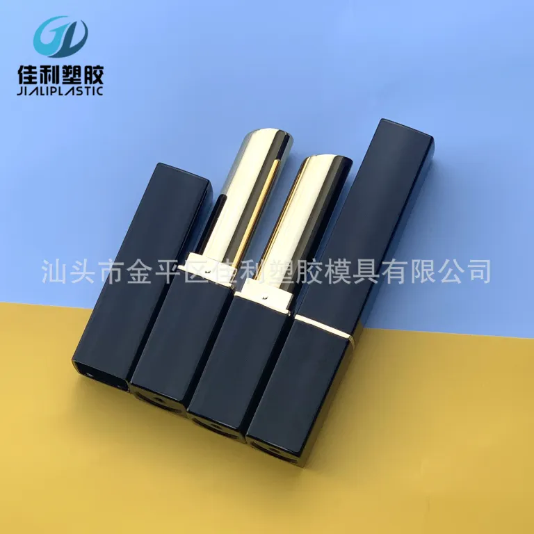 قاب رژ لب مربعی مشکی کارخانه‌ای، بسته‌بندی پلاستیکی دهانه اریب، قاب رژ لب طلایی مربعی خالی