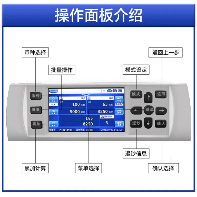 WR8301 دستگاه شمارش و تشخیص اسکناس خارجی با فناوری CIS، شمارش ترکیبی و محاسبه مجموع مبلغ 2+1 دستگاه تفکیک اسکناس