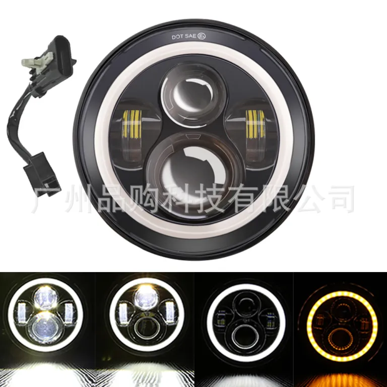 چراغ جلو LED گرد بدون قاب 7 اینچی همراه سیم‌کشی، در رنگ مشکی و نقره‌ای، مناسب هارلی و رانگلر