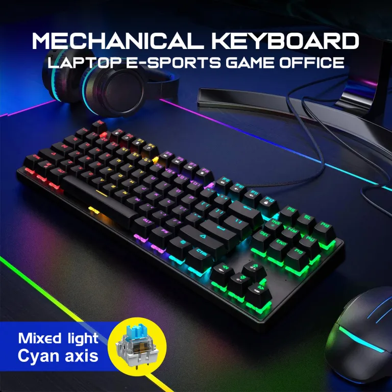کیبورد مکانیکی فلزی K87 با 87 کلید، نور RGB، سوییچ آبی، مناسب بازی و اداری