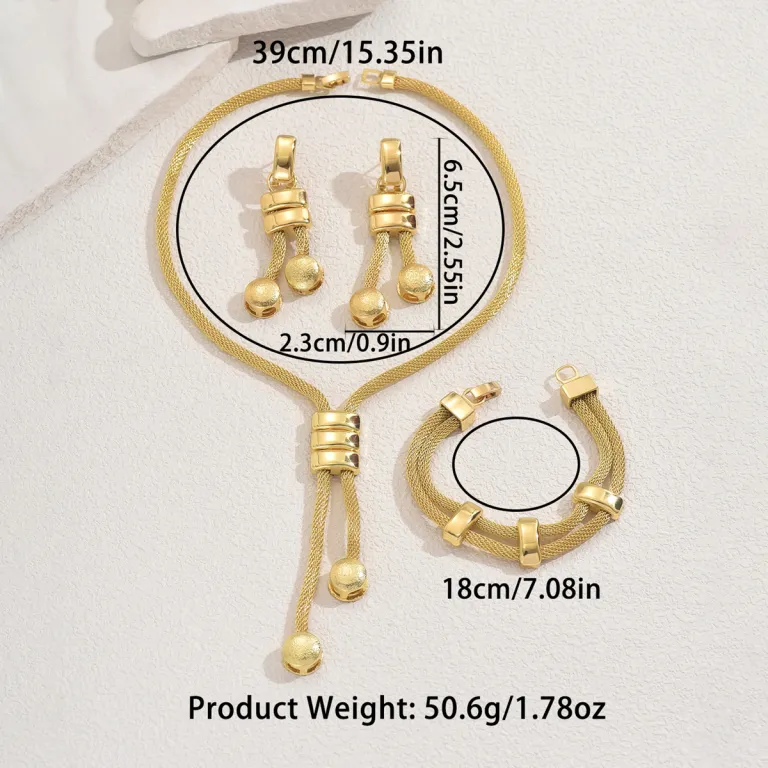 ست جواهرات سبک اروپایی و آمریکایی 18k گردنبند بلند آبکاری‌شده، گوشواره منگوله‌ای هندسی و دستبند خاص زنانه