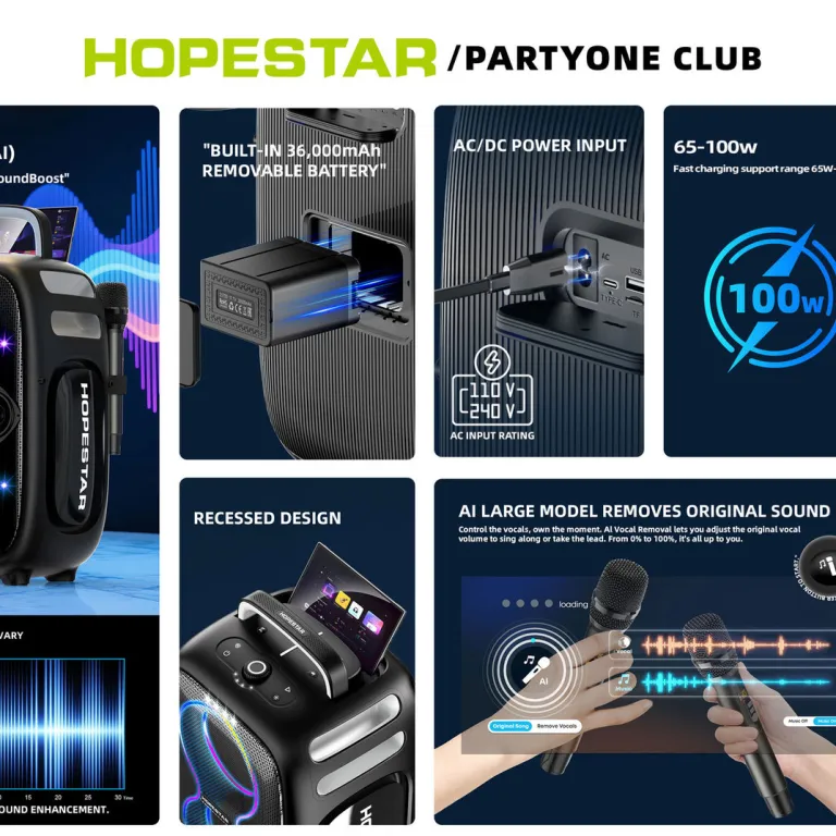 650W اسپیکر بلوتوثی بی‌سیم قابل حمل HOPESTAR PARTYONE CLUB با دو میکروفون دستی و نور RGB