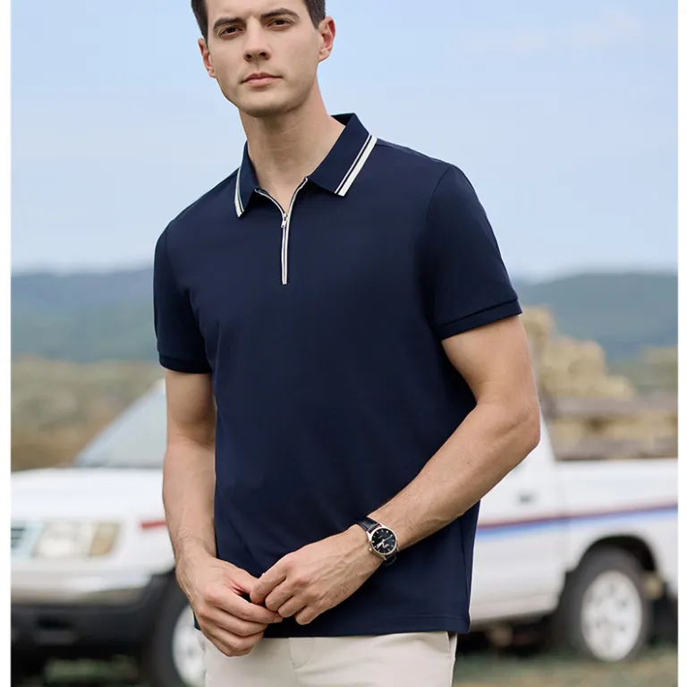 پولوشرت مردانه زیپ‌دار ضدباکتری از پارچه پیکه ابریشمی نخی لوکس 7a مناسب استفاده روزمره، غیررسمی و اداری