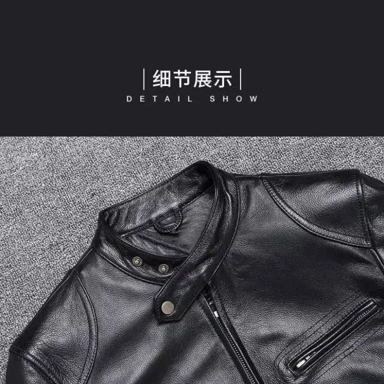 کت چرم مردانه پاکستانی با طرح چرم طبیعی یقه ایستاده قهوه‌ای مایل به قرمز سبک وینتیج آمریکایی