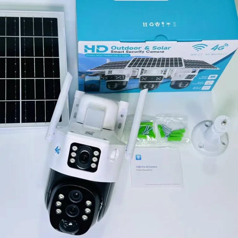 V380دوربین خورشیدی4G سه‌لنزی دو تصویره تفنگی-گوی10 زوم باتری کم‌مصرف مانیتور بی‌سیم