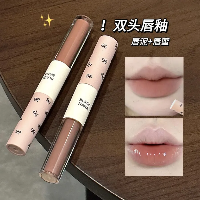 رژ لب دو سر BLACKNANA براق آینه‌ای مناسب استفاده روزانه با رنگ خاکستری-صورتی و بافت گلی و براق، مناسب آرایش ملایم و بدون آرایش
