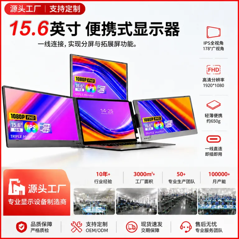 مانیتور سه‌صفحه‌ای 15.6 اینچی قابل حمل برای معاملات سهام و کارهای اداری، مناسب به‌عنوان نمایشگر جانبی لپ‌تاپ
