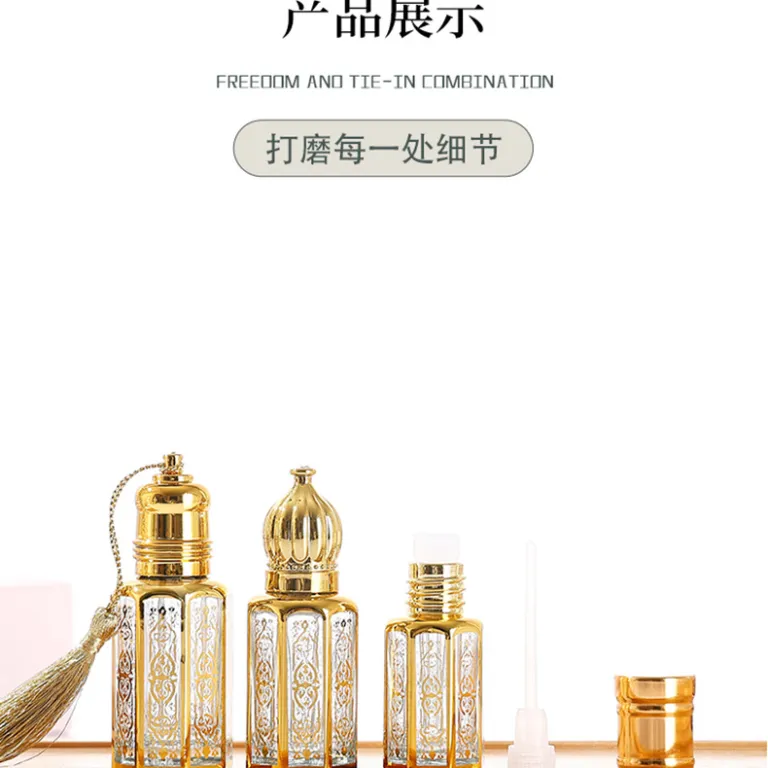 موجود در انبار، بطری رول‌آن روغن اسانس هشت‌ضلعی با مهر طلایی، بطری تقسیم عطر خاورمیانه‌ای، بطری شیشه‌ای نمونه کوچک، بطری رول‌آن ماساژ چشم