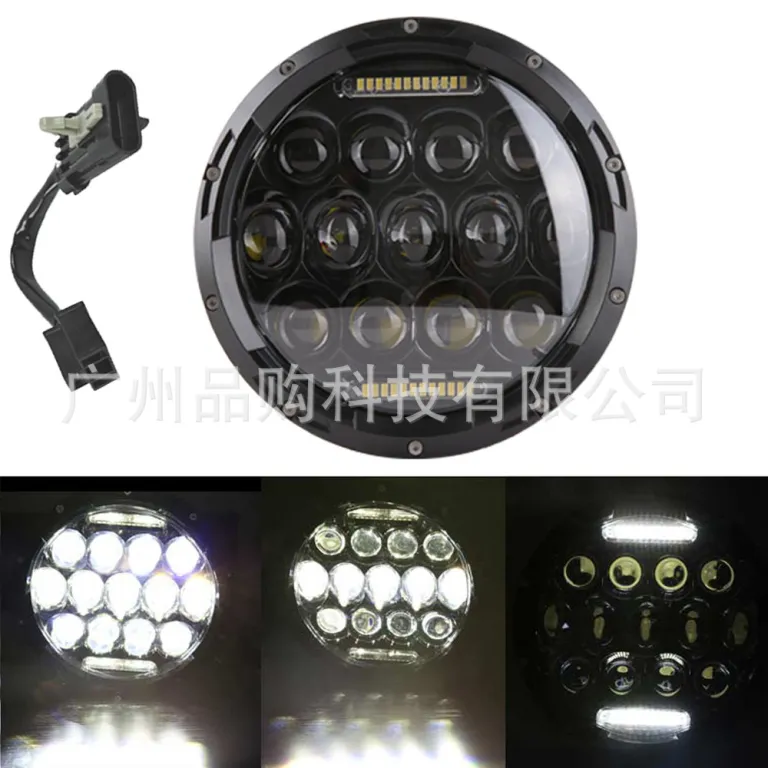 چراغ جلو LED گرد بدون قاب 7 اینچی همراه سیم‌کشی، در رنگ مشکی و نقره‌ای، مناسب هارلی و رانگلر