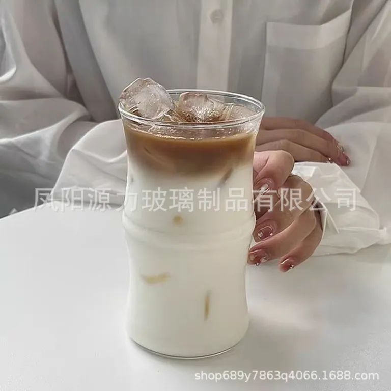 لیوان شیشه‌ای بوروسیلیکات طرح بامبو مخصوص آیس آمریکانو، لاته و قهوه، مناسب کافه‌ها و رستوران‌ها، مقاوم در برابر حرارت، مخصوص آبمیوه و نوشیدنی